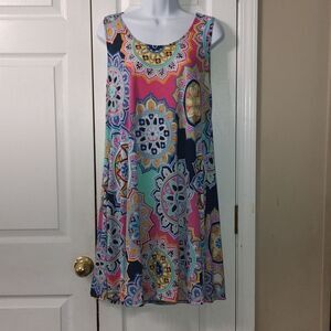 Jenny Boston mandala print sleeveless babydoll dress with pockets Sz XL